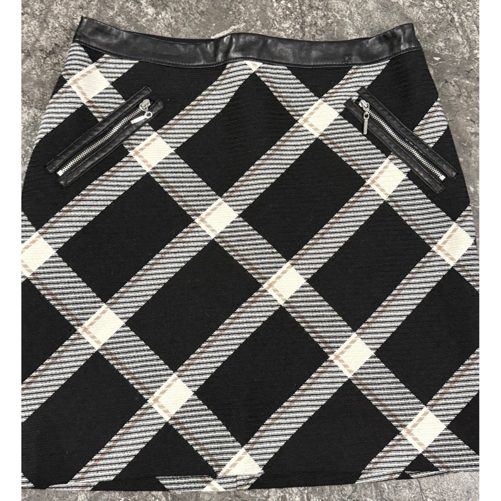 WHBM Womens Plaid Wool Blend Mini Skirt Faux Leather Trim Pockets Zip Lined 10